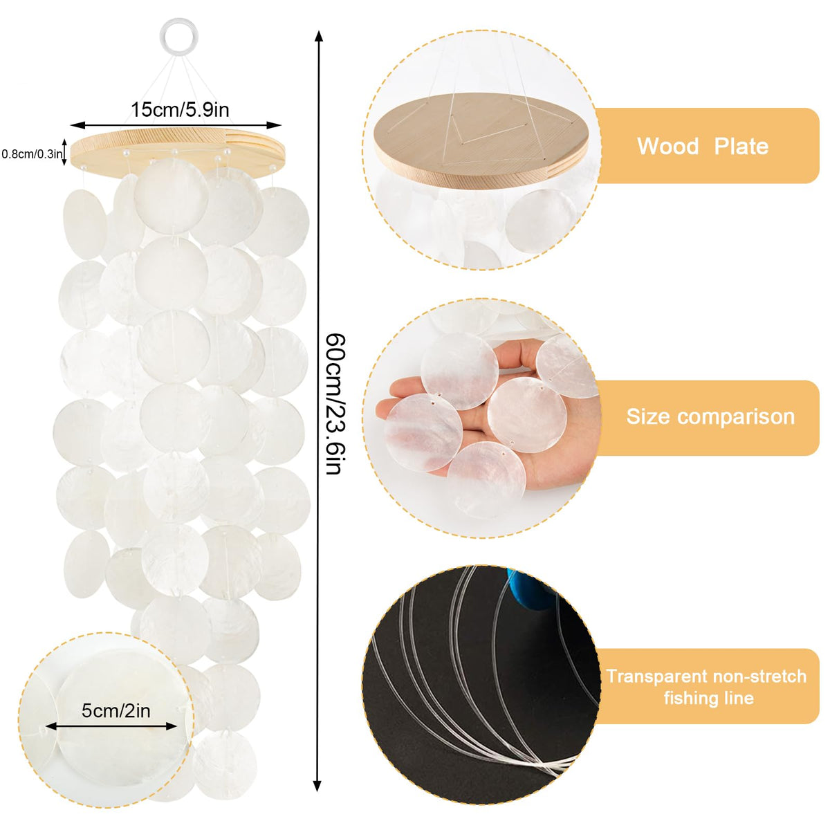 Close-up of 2-inch round Capiz shells on WeDoSoy wind chimes