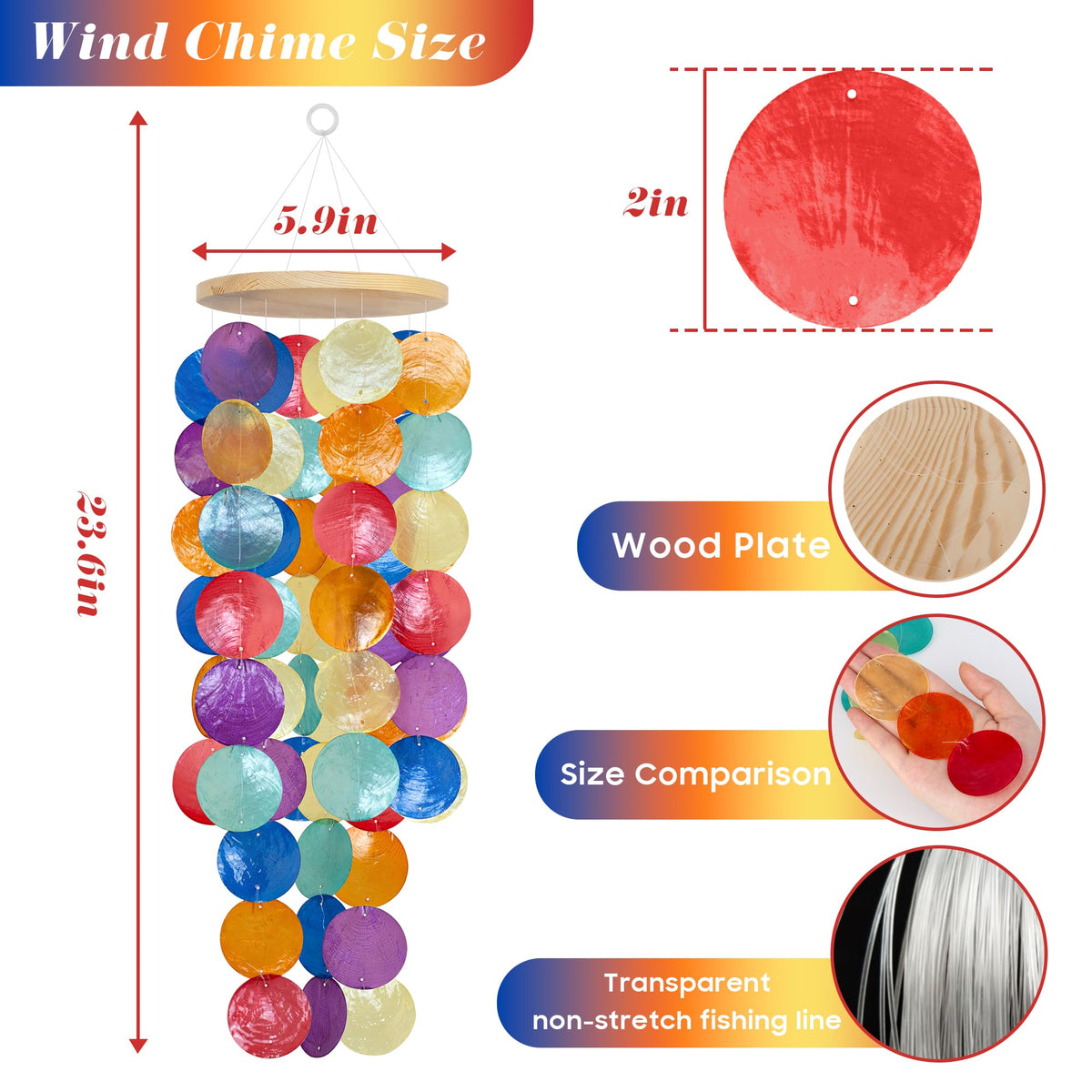 WeDoSoy capiz windchime wood-top 24 inches for durable, weather-friendly decor.