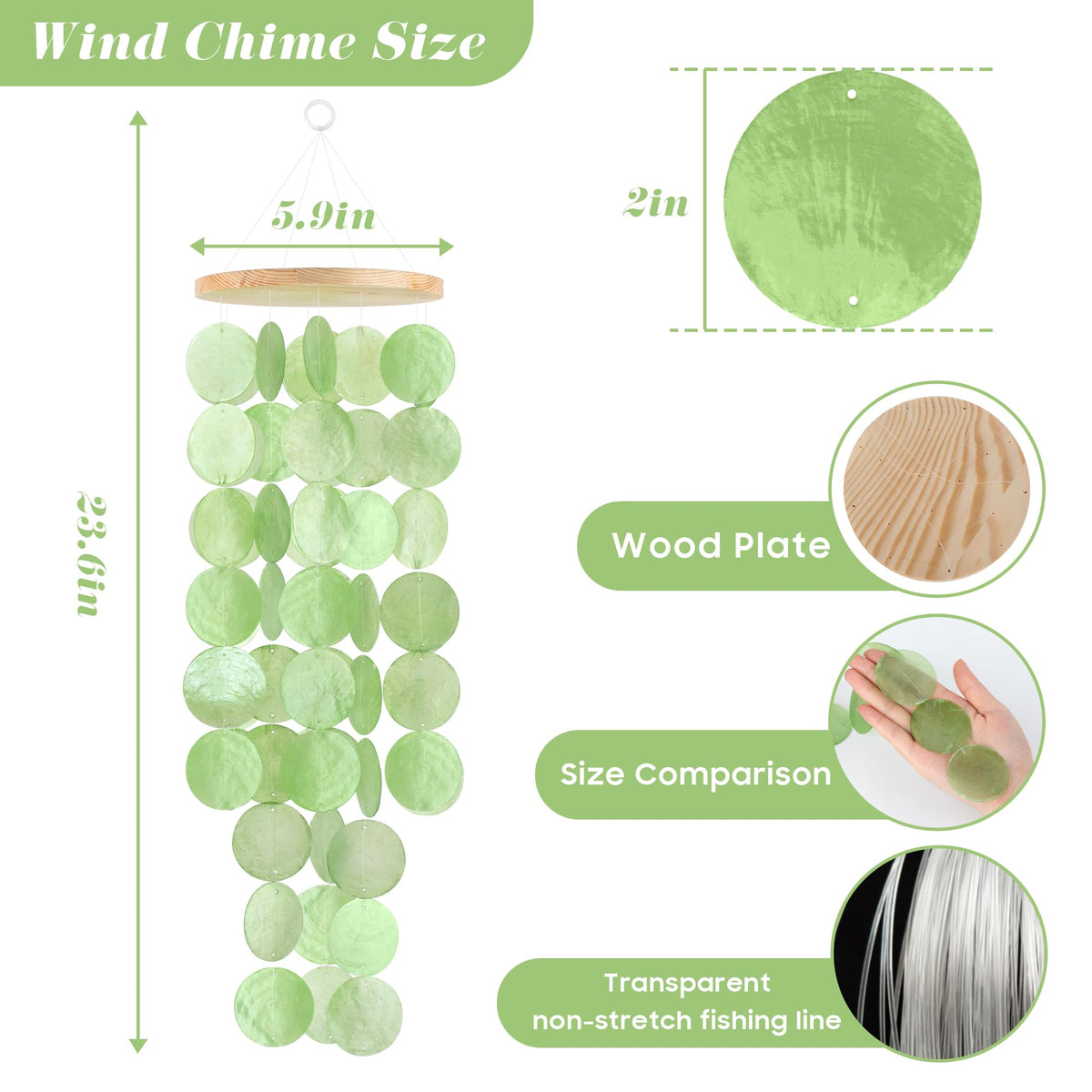WeDoSoy green capiz windchime with wooden top adds durable seaside charm.
