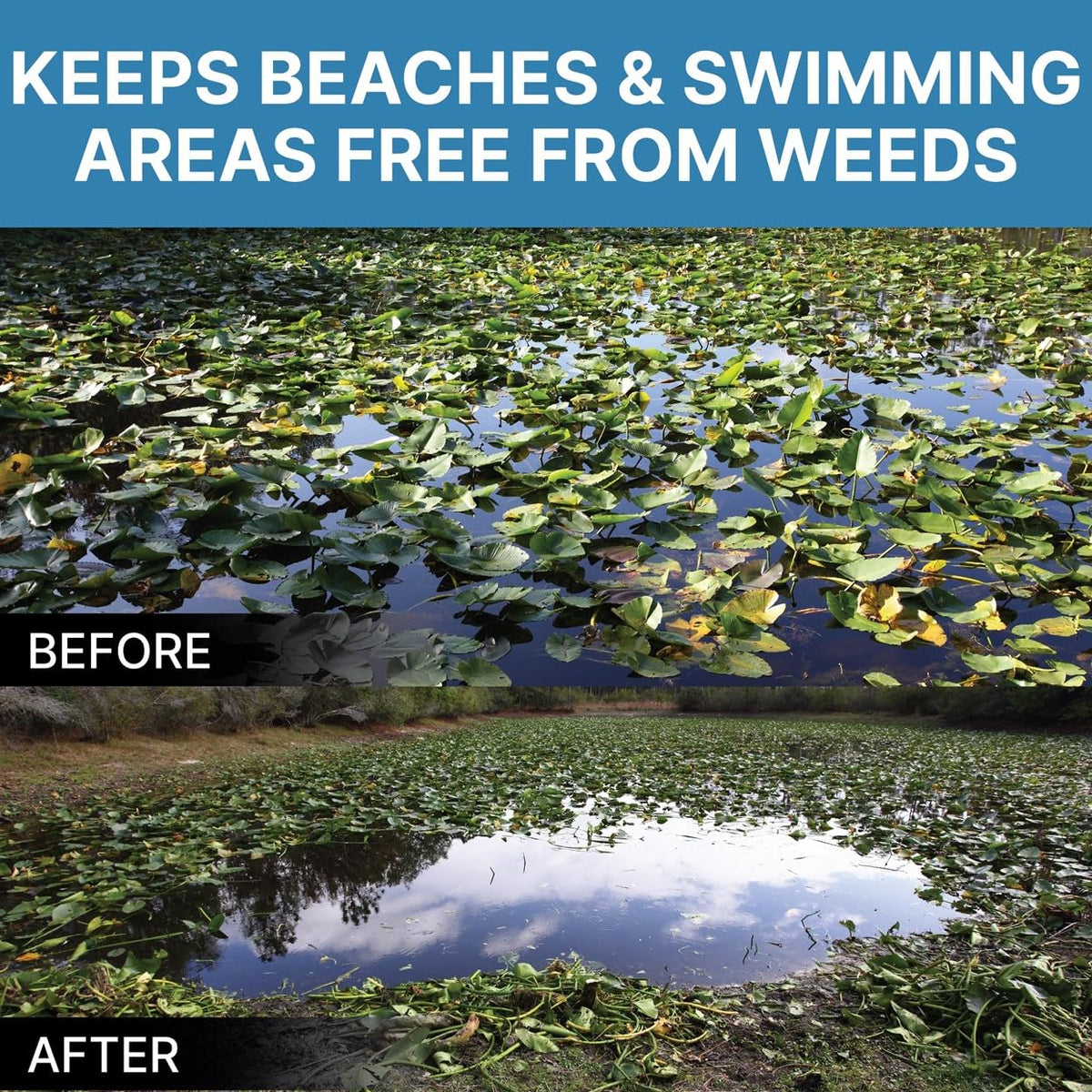 Five-foot handle aids leverage while targeting submerged vegetation.