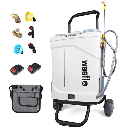 Weeflos tow-behind sprayer on wheels for efficient large-area spraying.