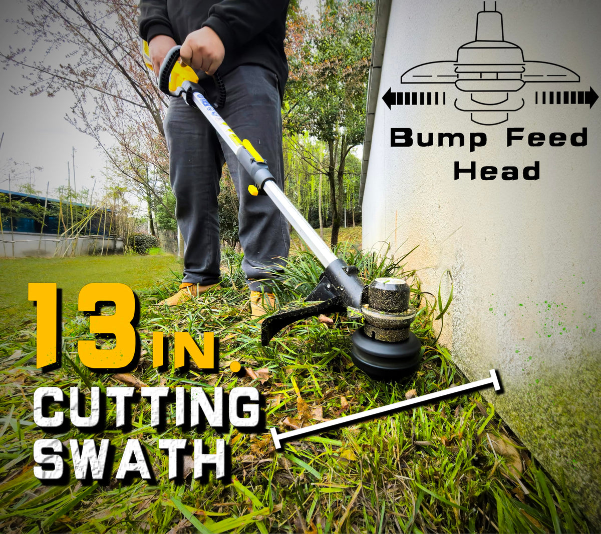 WeeLun 14-inch cutting surface for broad trim coverage on sidewalks and borders.