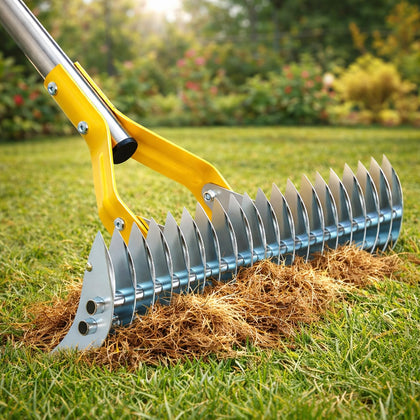 Wefaith heavy-duty dethatcher rake with steel tines for deep lawn cleaning