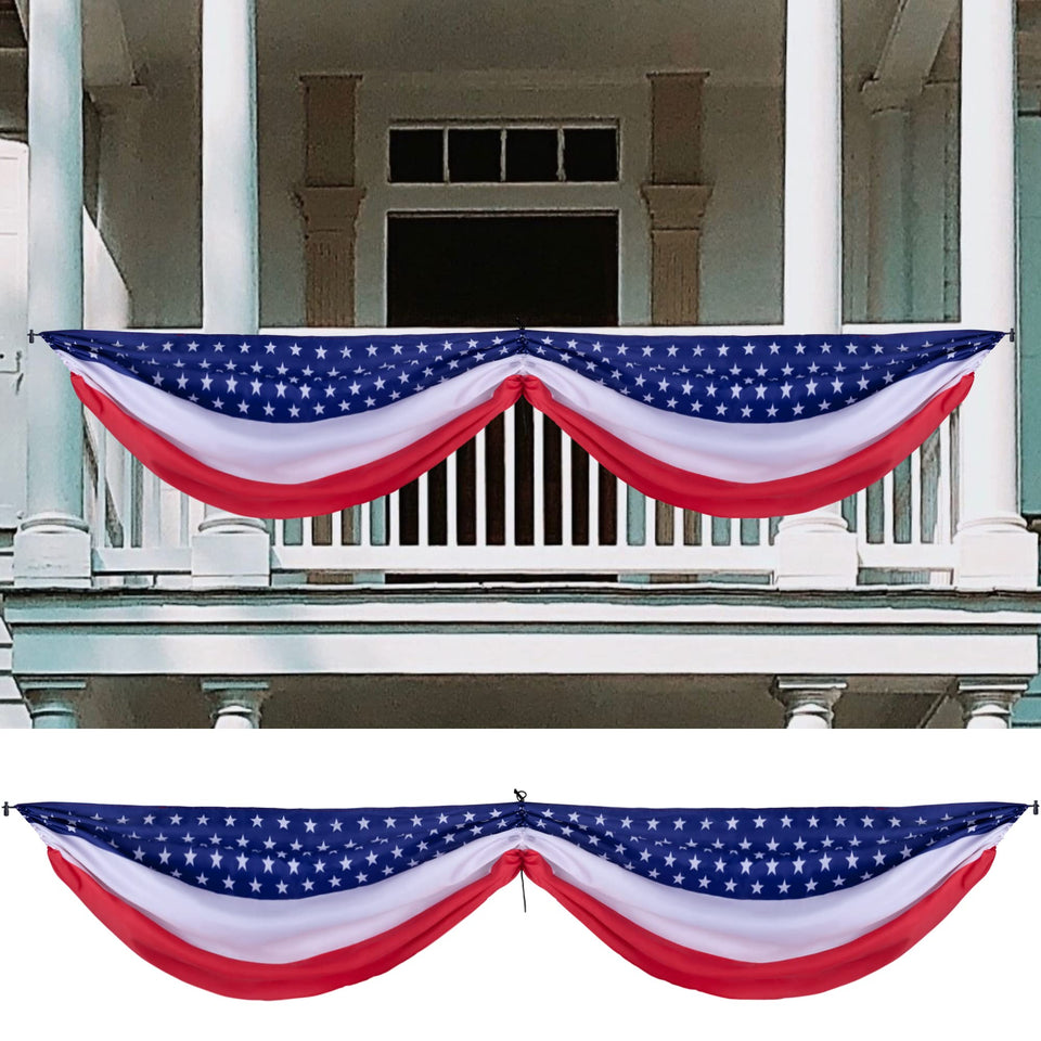 Wehhbtye patriotic bunting banner front view with red white blue stars and stripes for outdoor celebrations.