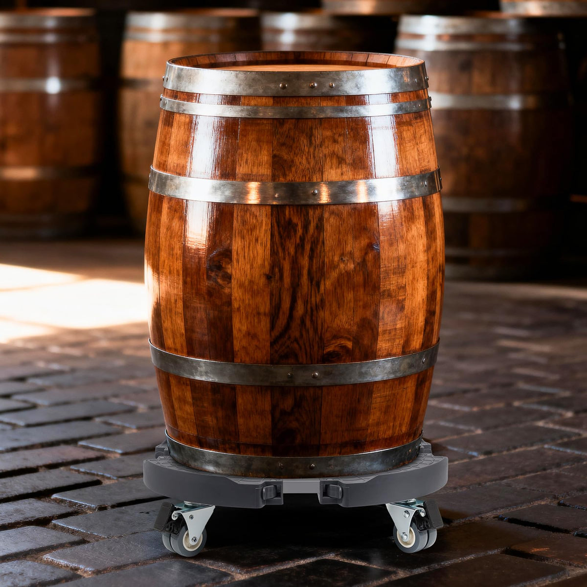 WEIBIDA round dolly ideal for moving heavy barrels and large planters.