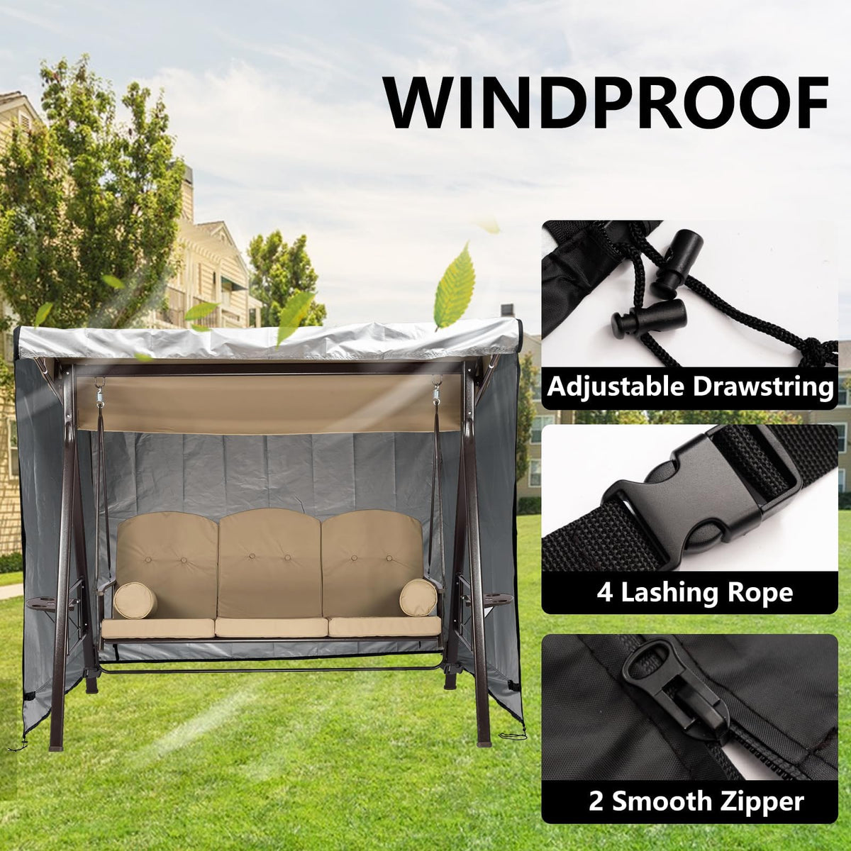 Weimell 3-seat swing cover side view with wind-resistant straps