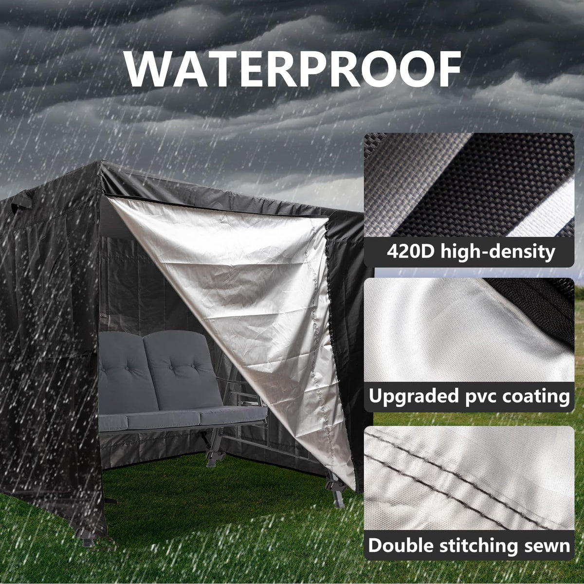 Weimell waterproof swing cover front porch view shows durable stitching