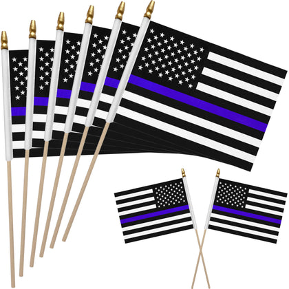 WEITBF 8x12 inch blue line flag on a wooden stick for outdoor display.