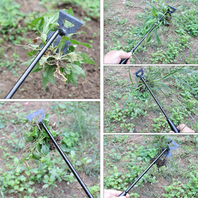 Weivone tool teeth digging into soil to grab weed roots