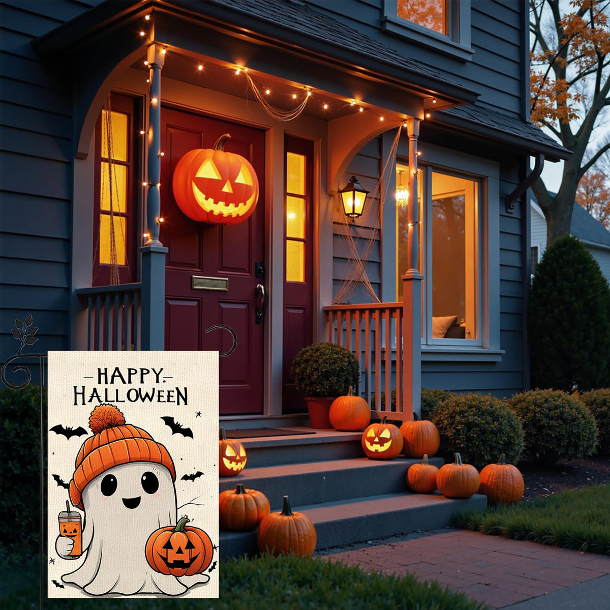 Weizedm farmhouse yard decor flag creates festive Halloween ambiance.