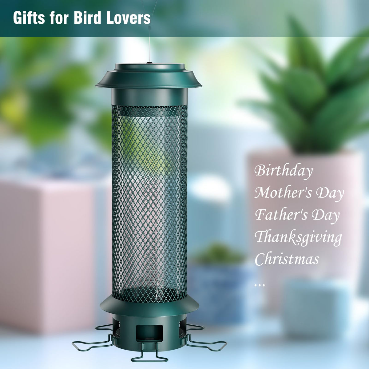 Wellavich outdoor green bird feeder blends into garden spaces