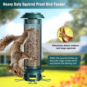 Wellavich weight-activated outer cage deters squirrels while feeding outdoors.