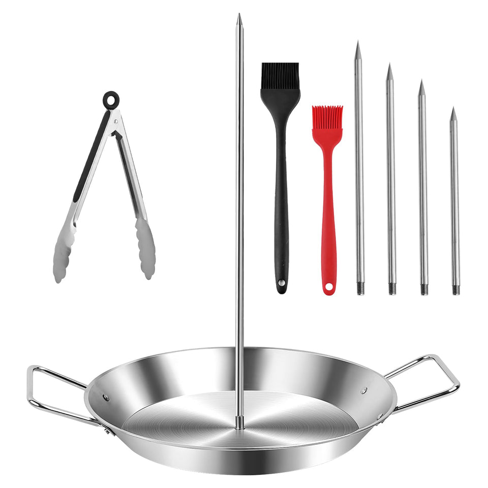 WellFar stainless steel shawarma pan with vertical spit for even roasting.