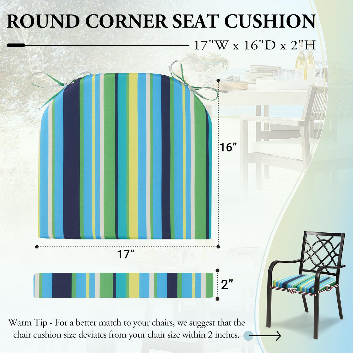 Wellsin cushions with straps securely attach to chair backs to stay in place