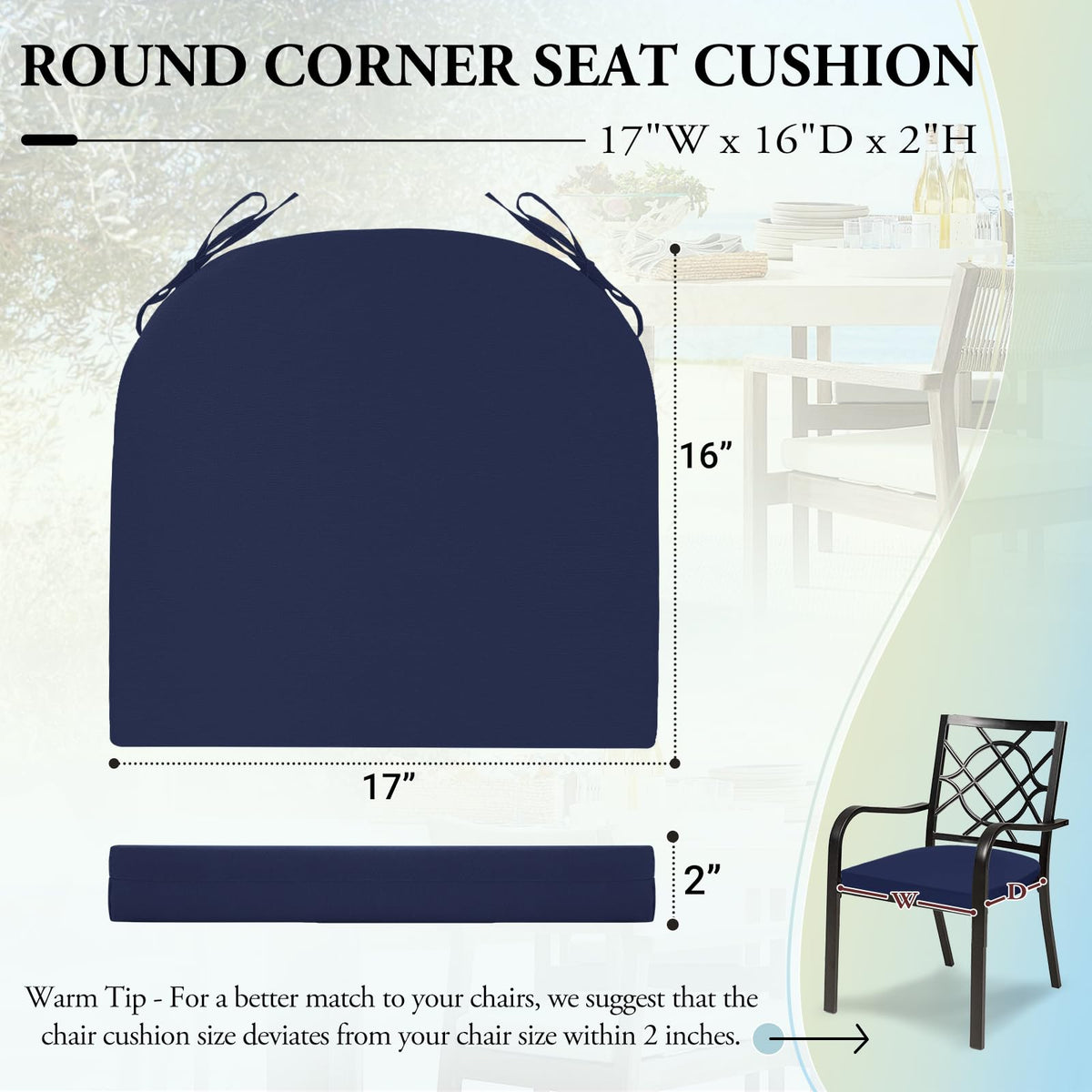 Wellsin navy cushion with non-slip strap system for secure outdoor seating.