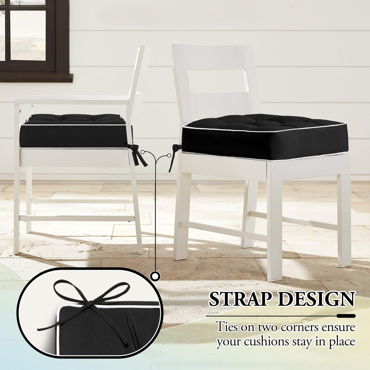 Set of two cushions adds comfort to patio, garden, or indoor spaces.