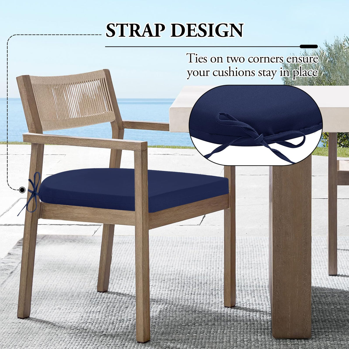 Wellsin navy cushion for outdoor and indoor use on chairs.