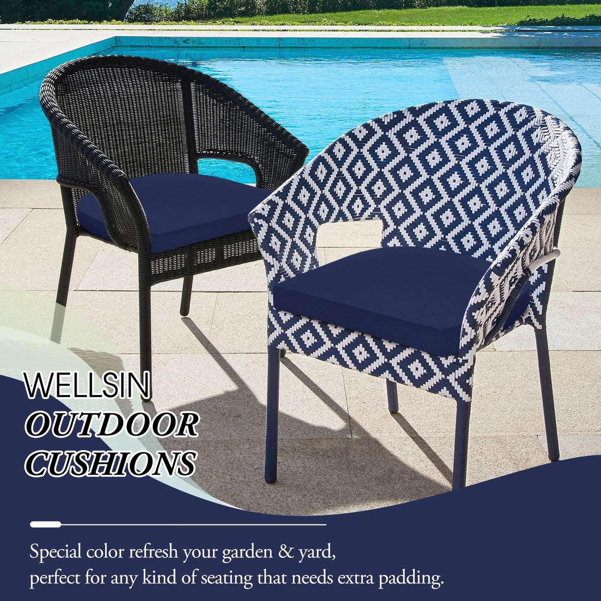 Wellsin navy cushion with solution-dyed fabric for UV protection.