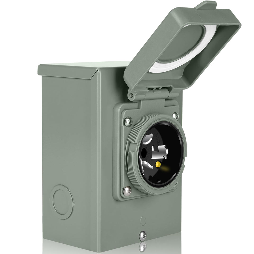 WELLUCK 50 Amp generator inlet box front view shows outdoor weatherproof design
