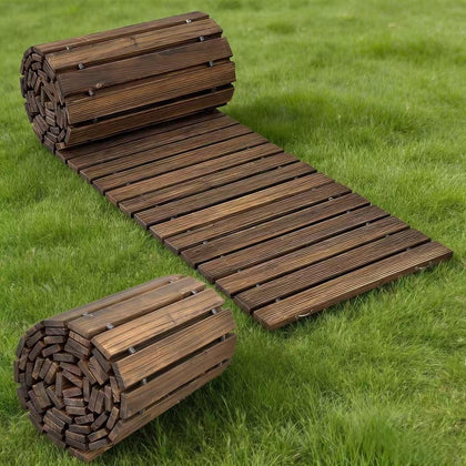 WELUKGUUD roll-out wooden pathway in carbonized finish for easy garden paths