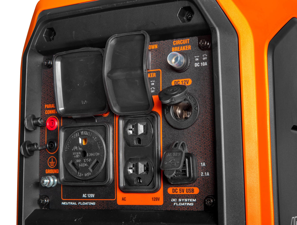 WEN 4500-watt inverter generator receptacles show 120V and RV connections