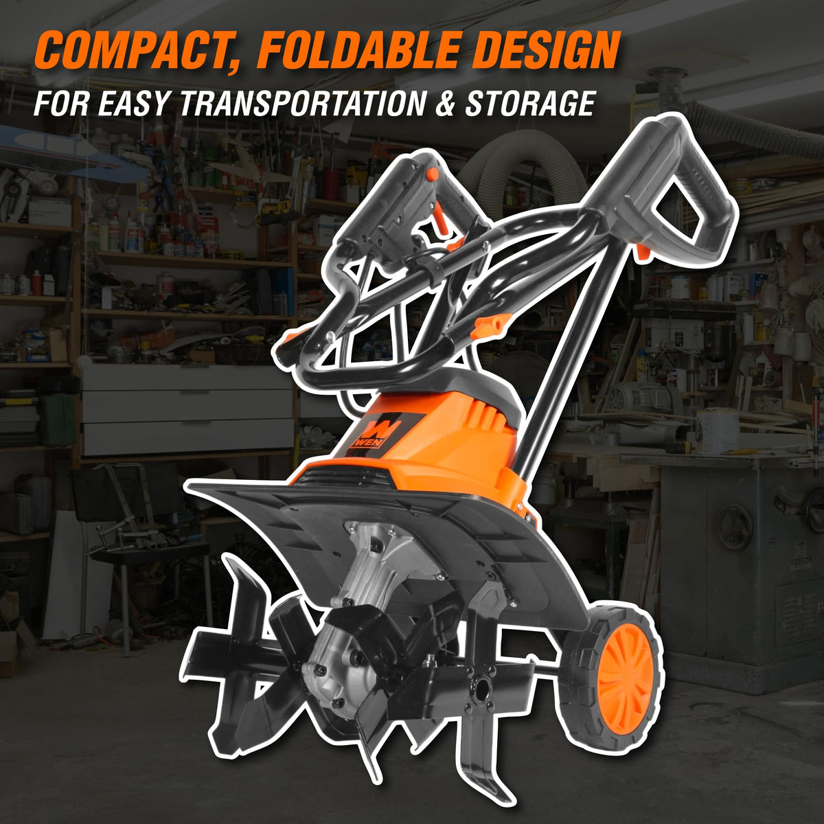 Collapsible design of the WEN tiller for compact storage