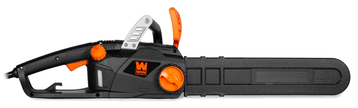 WEN chainsaw with kickback brake shown during safe operation.