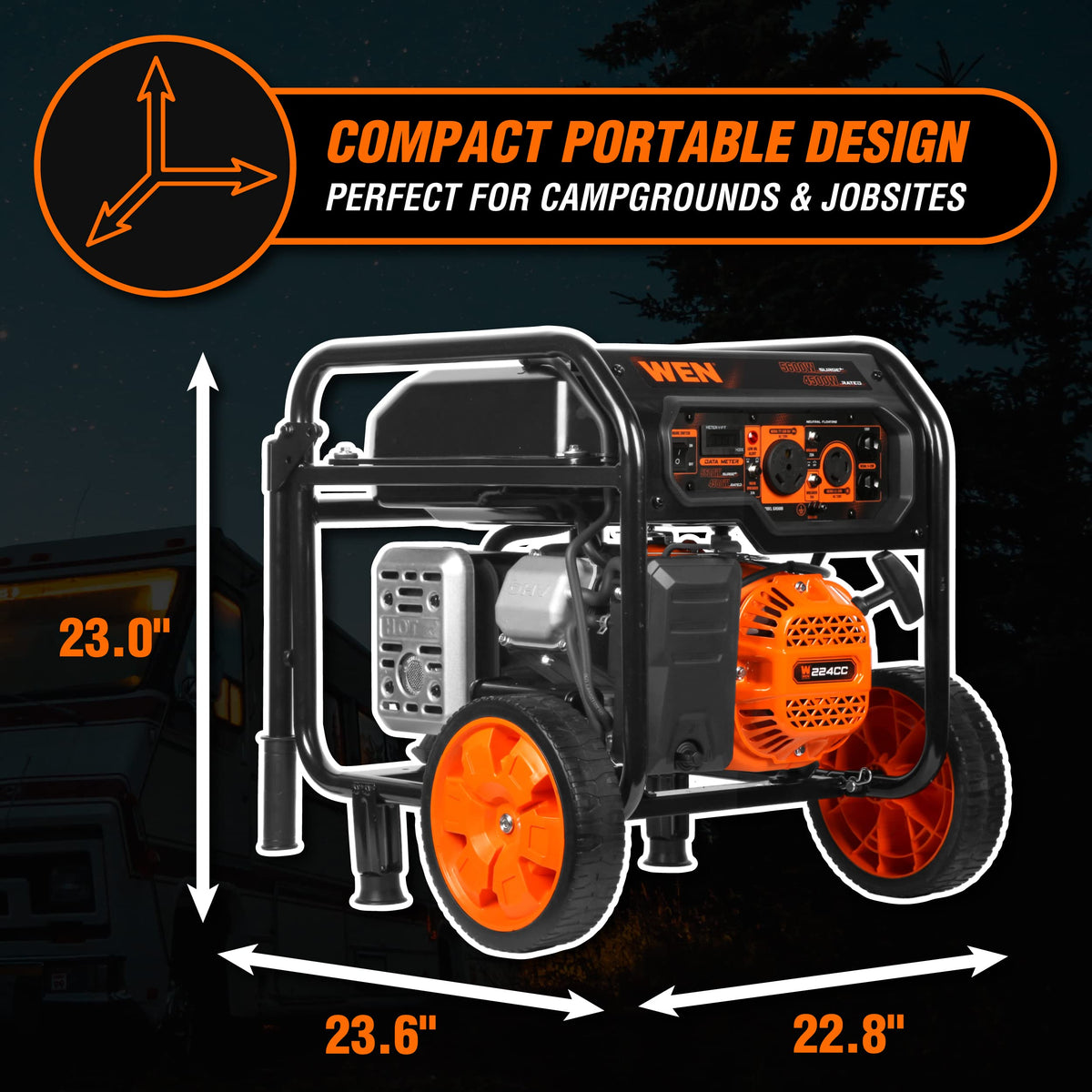 WEN GN5600 wheels and handle enable easy transport between sites.