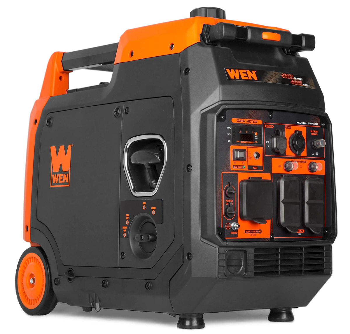 WEN 4800-watt inverter generator front panel shows quiet operation for camping.