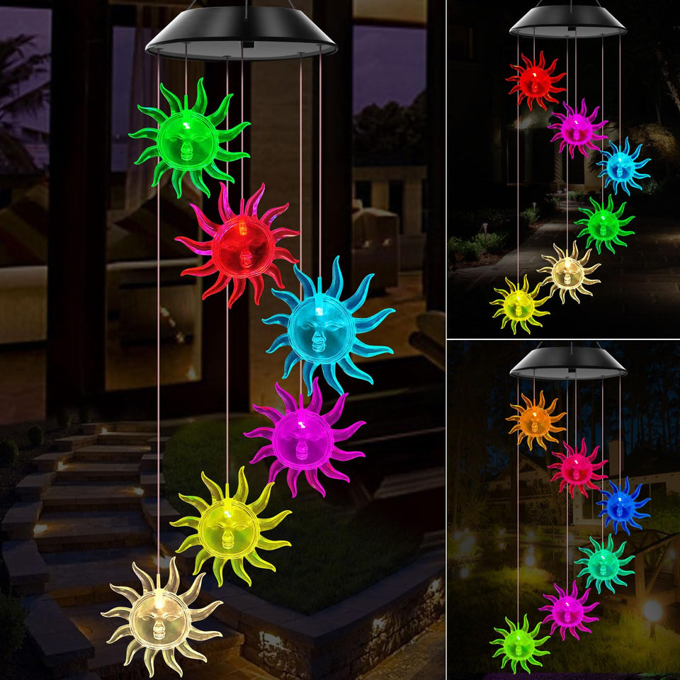 WENANA Solar Wind Chime in color-changing sunflower design brightens outdoor spaces at night.