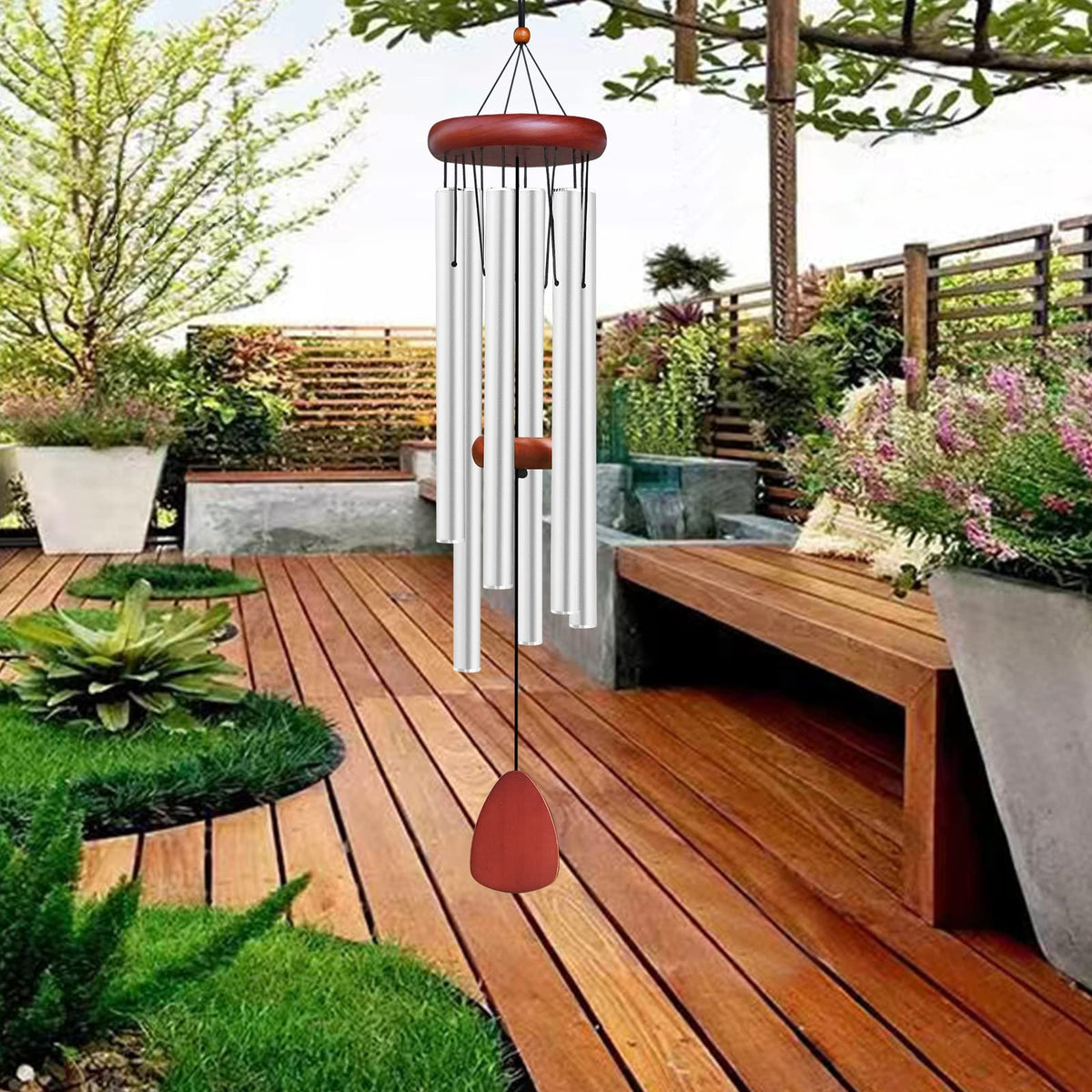 WENANA wind chime hanging on a patio for inviting outdoor soundscape