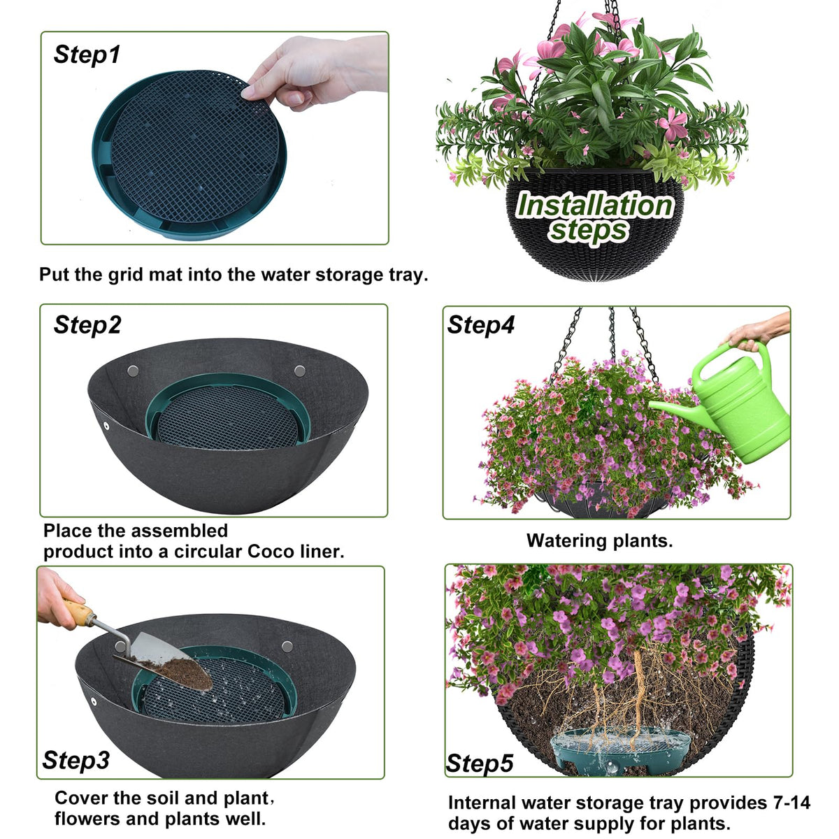Wenfan drip pan in use under coco liner for clean aesthetics.