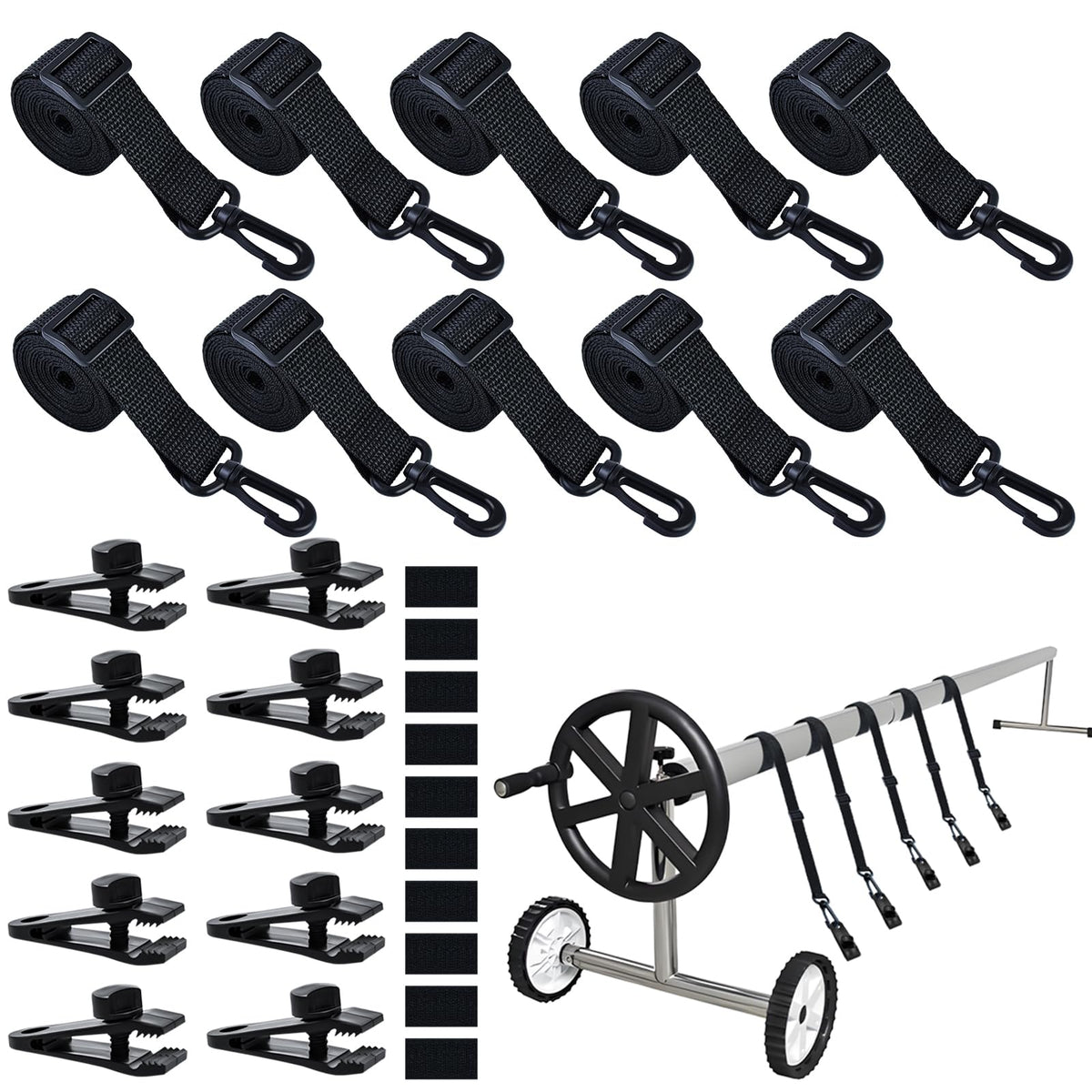 Wenfan pool reel strap shows 68-inch adjustable length for large pool covers.