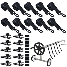 Wenfan pool reel strap shows 68-inch adjustable length for large pool covers.