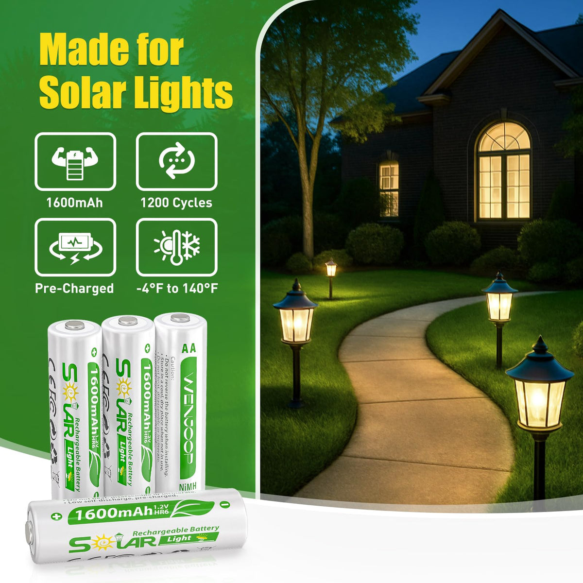 WENJOOP AA batteries precharged for quick replacement in garden and string lights.
