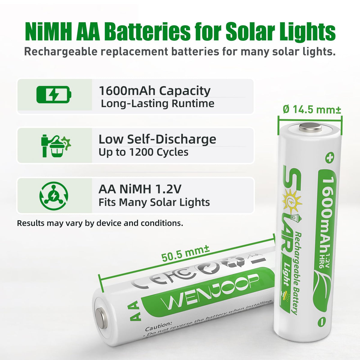 WENJOOP cells recharge easily via solar systems or NiMH chargers
