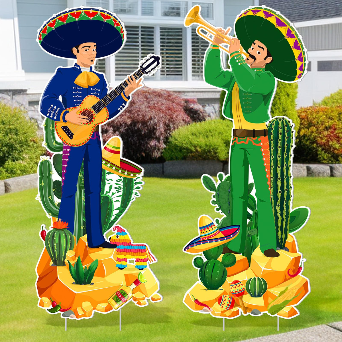 Wenqik Cinco de Mayo yard sign with pinata and cactus for festive lawn decor.