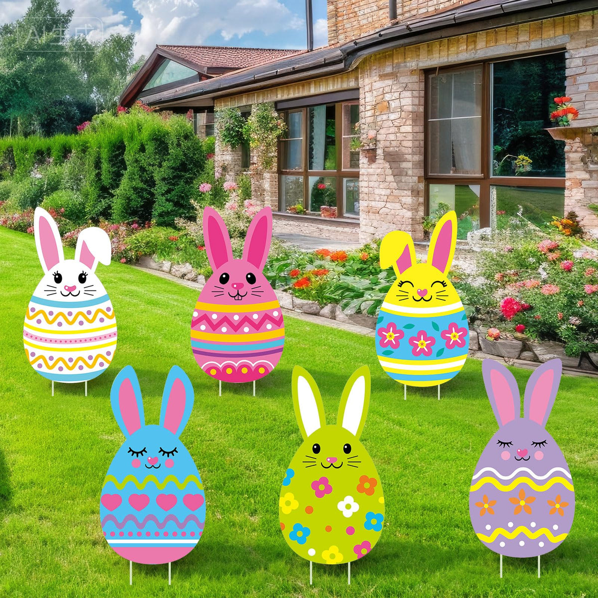 Wenqik Easter yard sign with bunny egg stake for outdoor garden decor
