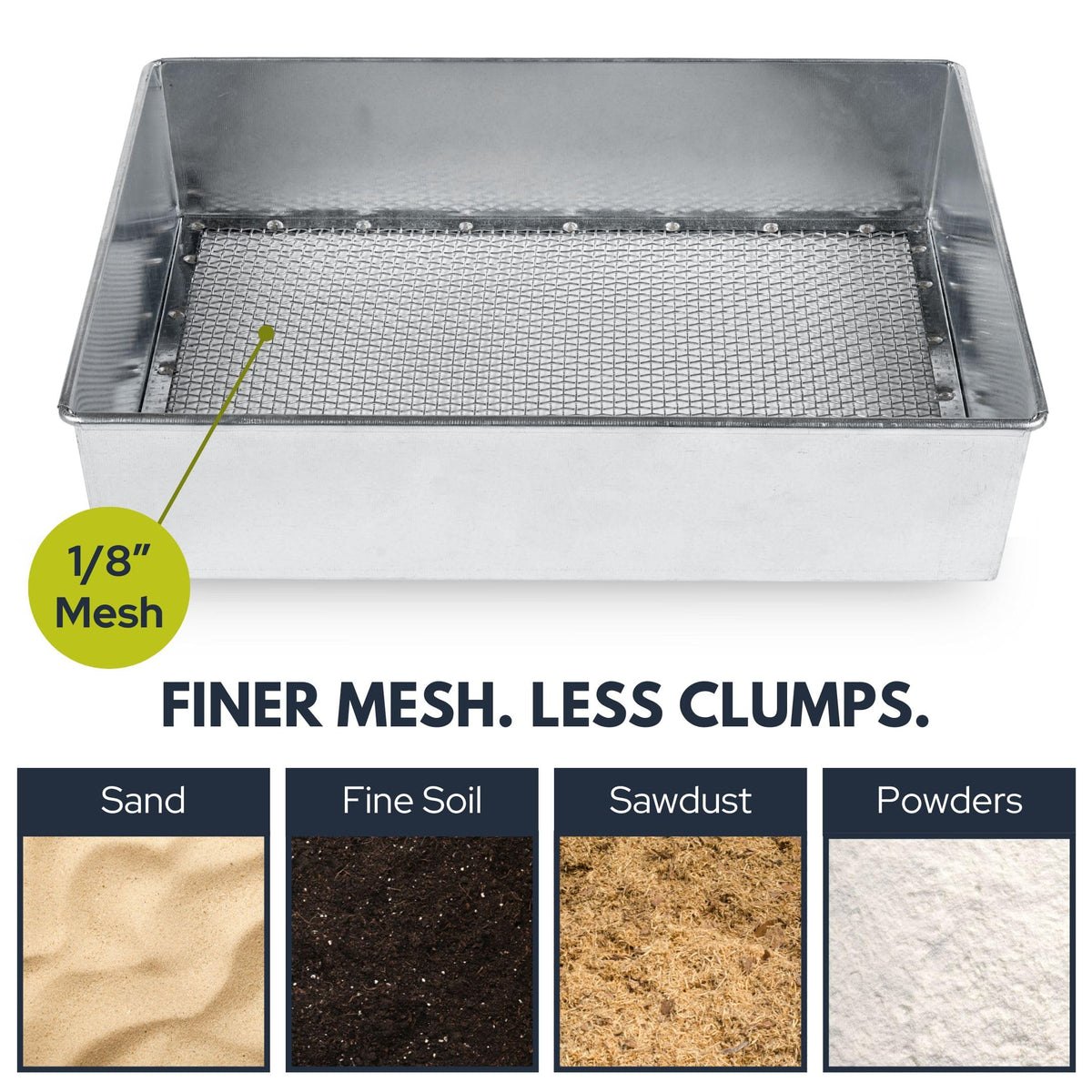 Wenses Soil Sifter close-up of one-eight-inch mesh for precise sand screening.