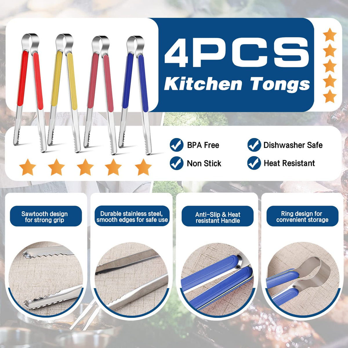 Weogot non-slip comfort grip tongs ensure firm handling during flipping and serving.