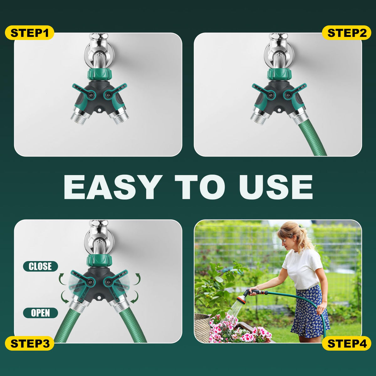 WERJOURU garden hose splitter installed on faucet demonstrating quick setup.