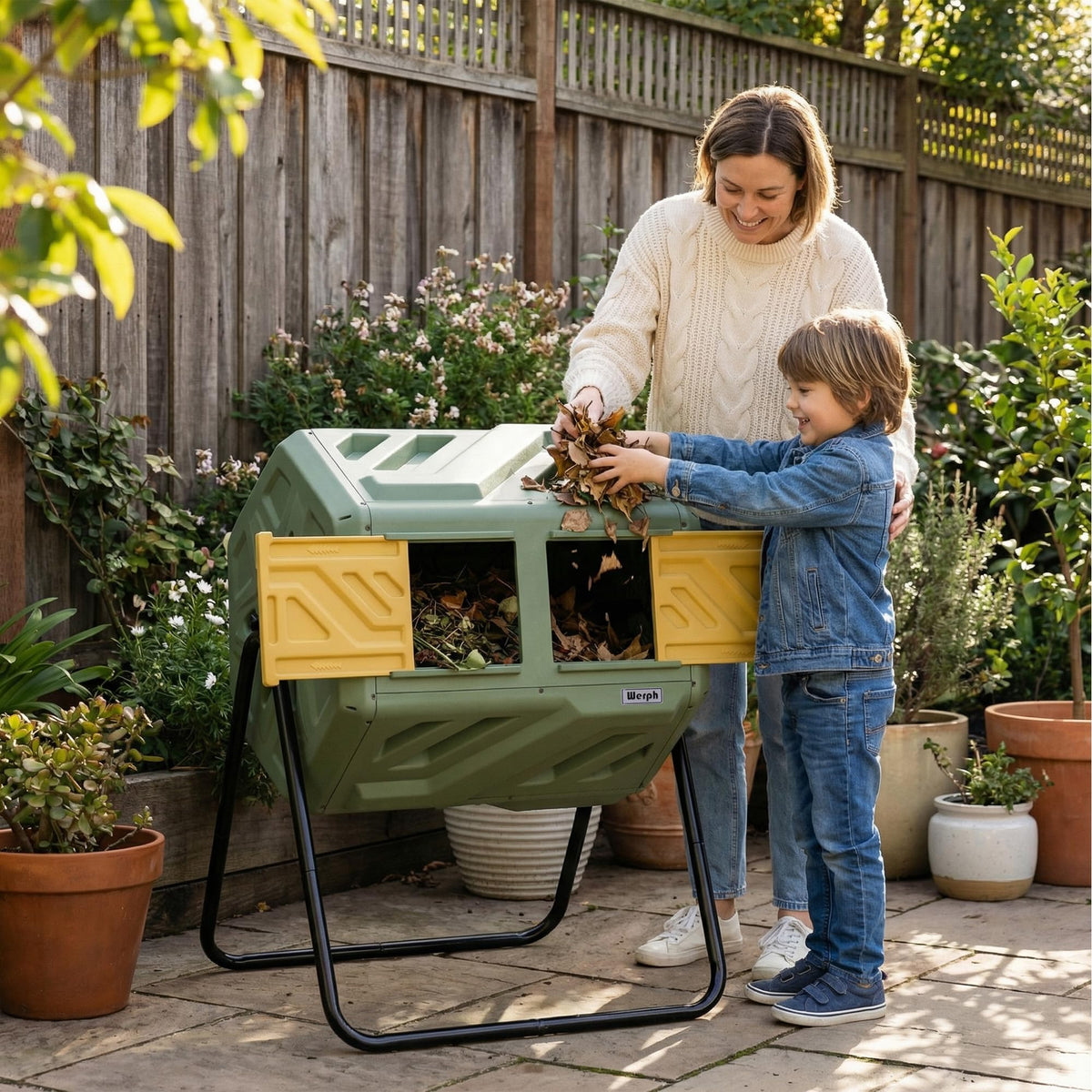 Werph 43-gallon capacity supports continuous composting for gardens.