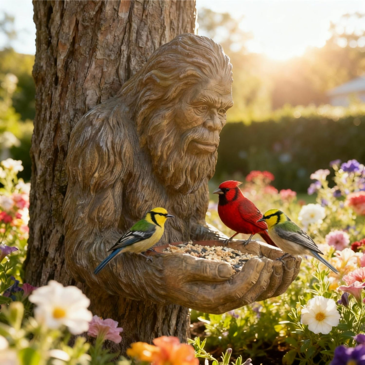 WesGen Bigfoot Bird Feeder garden sculpture enhances outdoor decor while feeding.