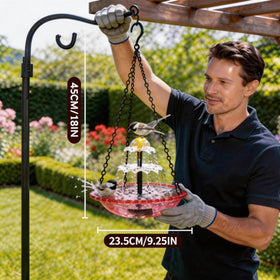 WesGen elevated hanging bird bath view helps birds avoid ground predators.