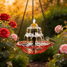 WesGen solar cascade hanging bird bath pump in sunlight powering a gentle fountain for easy garden ambience.