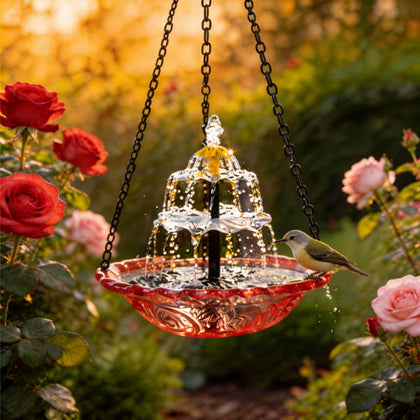 WesGen solar cascade hanging bird bath pump in sunlight powering a gentle fountain for easy garden ambience.