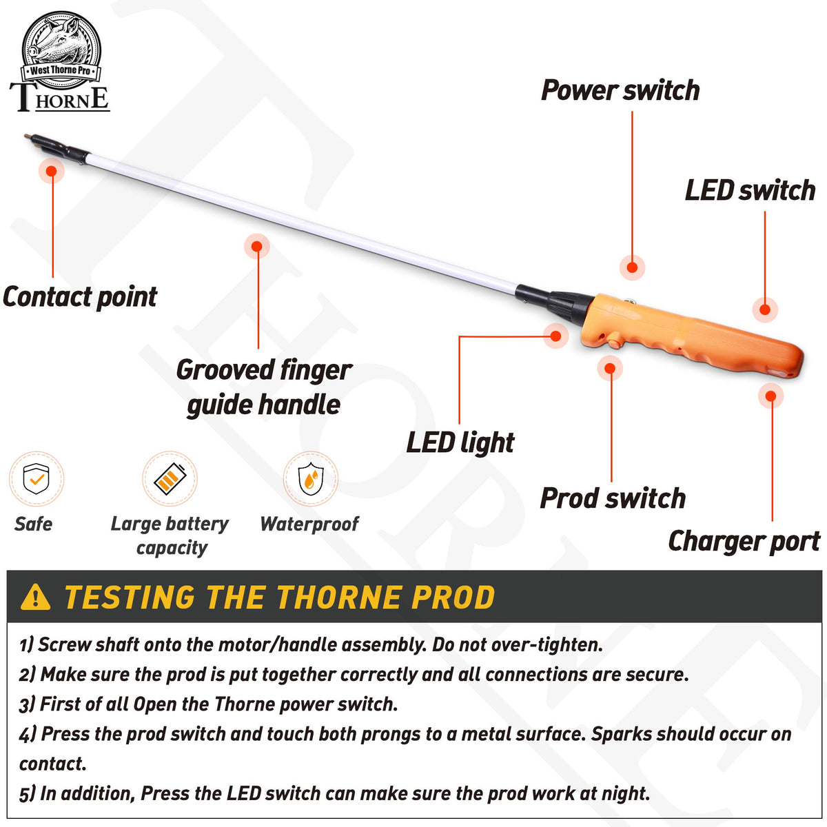 West Thorne Pro livestock prod shows ergonomic handle with removable stick