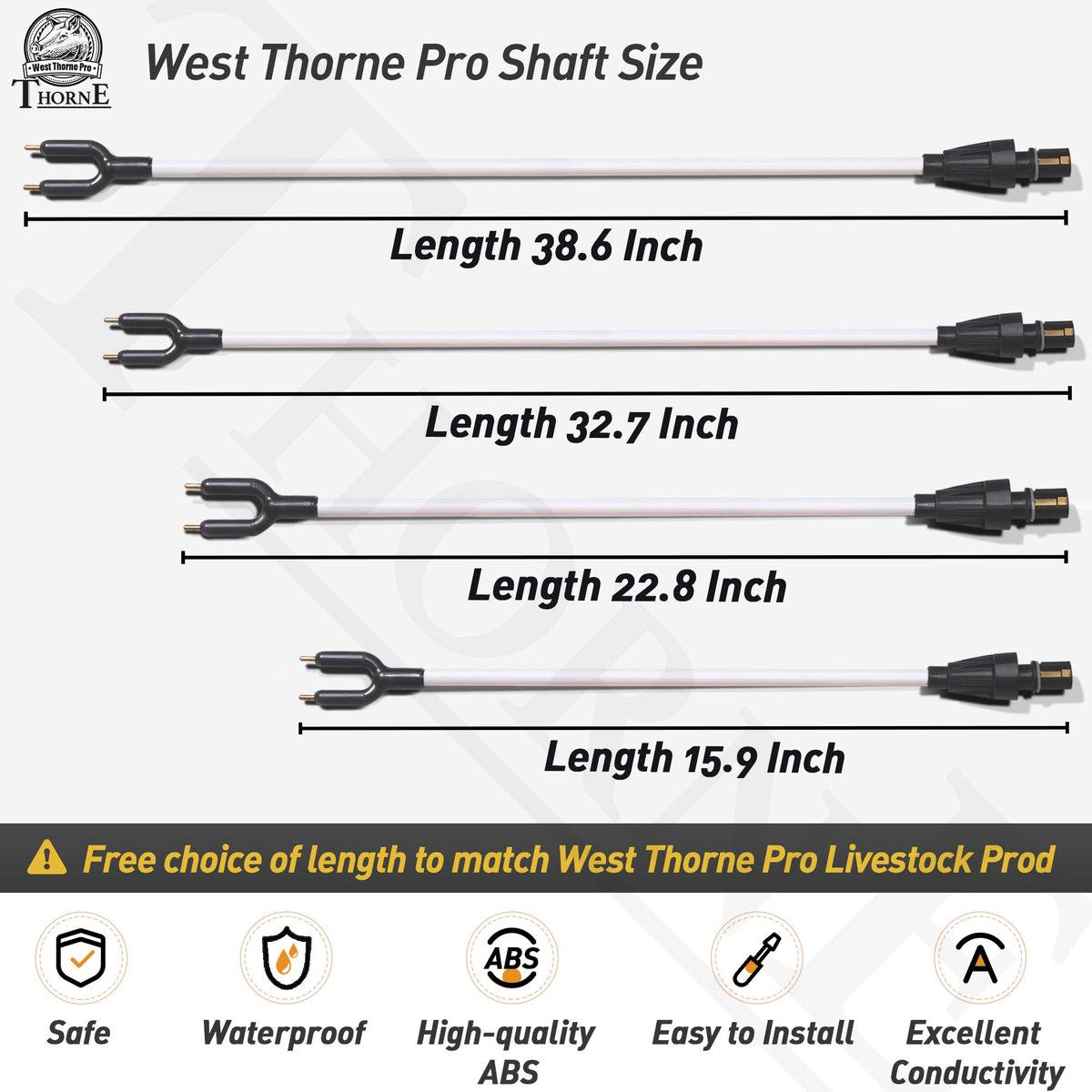 West Thorne Pro replacement shaft 32.7in compatible with 43.7in cattle prod for flexibility.