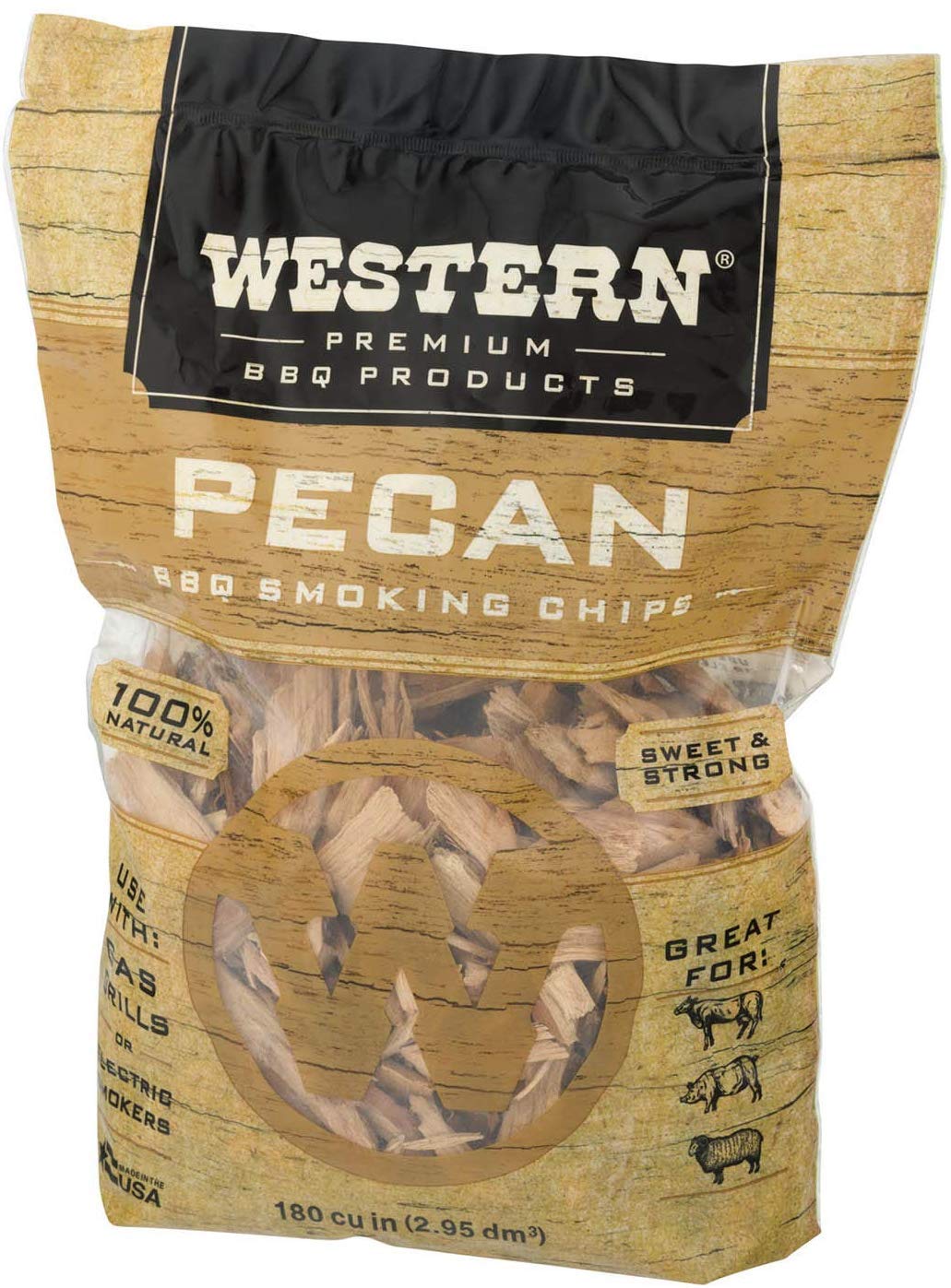 Western BBQ Prodcuts Pecan chips bag offers a sweet, classic smoke for beef and pork.