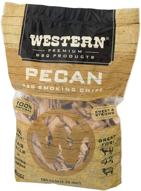 Western BBQ Prodcuts Pecan chips bag offers a sweet, classic smoke for beef and pork.